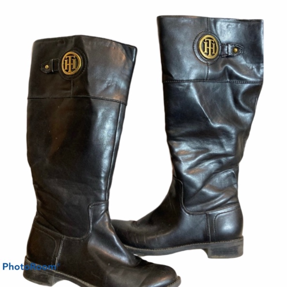 TH sz6 LEATHER ZIP BOOTS gold LOGO ON SIDE&ZIPPER
